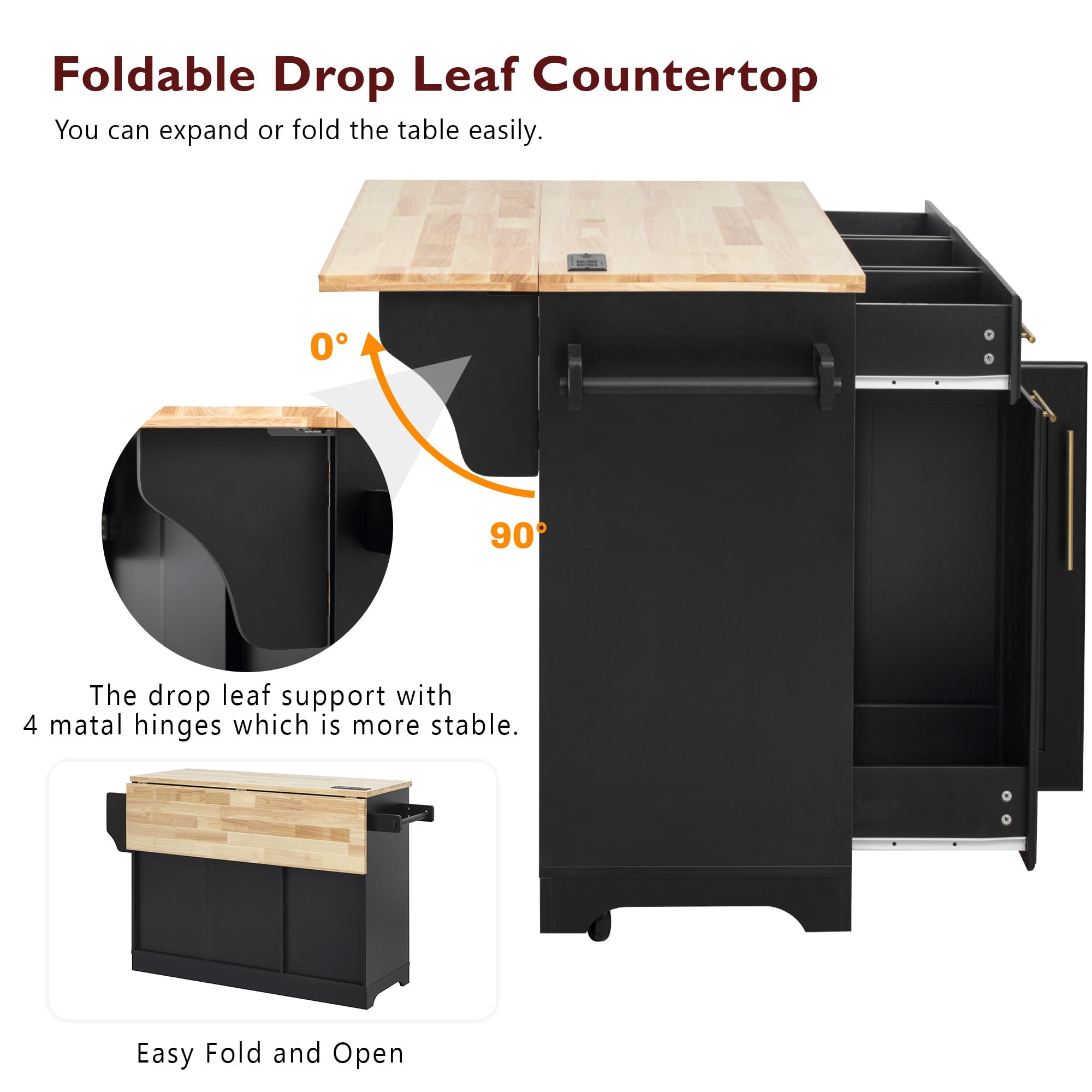 59.3" Kitchen Island with Storage 2 Pull Out Cabinet Organizers & Rubber Wood Drop Leaf, Rolling Kitchen Island with Trash Can Storage, Power Outlet, Spice & Towel Rack for Kitchen, Dining, Black