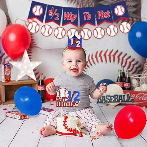 Baseball Half Birthday Party Decorations Kit Half Way To First Banner Happy 1 2 Birthday Cake Topper Glittery Crown Hat Balloons For Sports Theme 6 Months Baby Milestone Photo Props Baby Shower Walmart Com