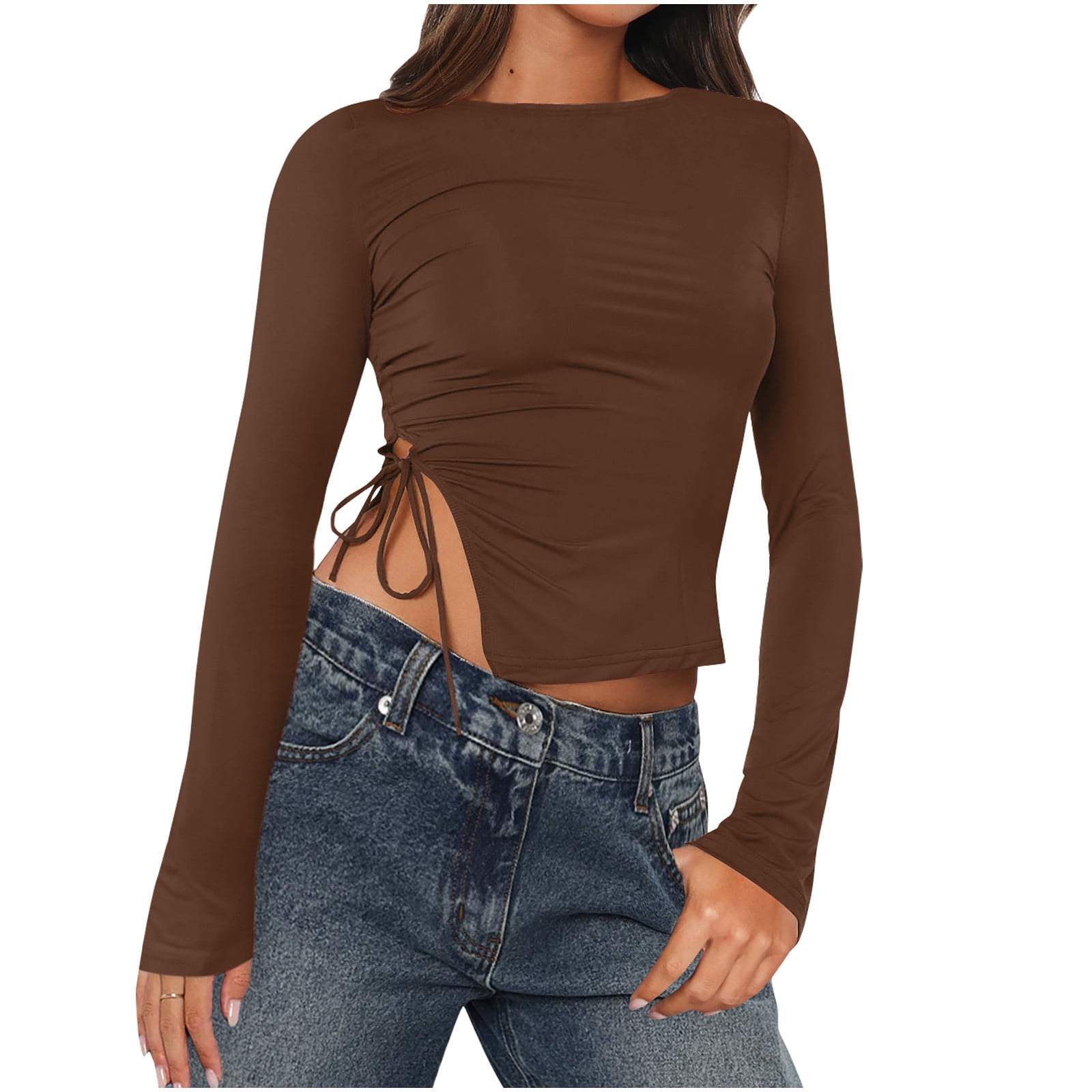 JWZUY Women's Long Sleeve Scoop Neck Shirt Slit Hem Slim