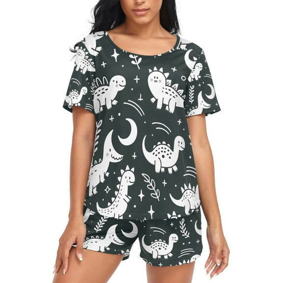 joogoo Women's Pajama Set Cute Dinosaur with Moon Short Sleepwear Loungewear with Pockets M