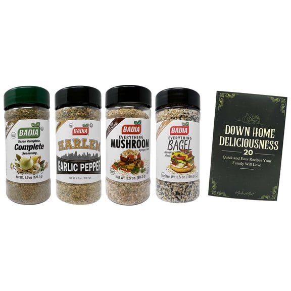 Seasoning Blends - 4 Flavor Variety (1) Each: Everything Bagel, Everything Mushroom, Harlem Garlic Pepper, Original Complete | Badia | MerlinsMart Zine