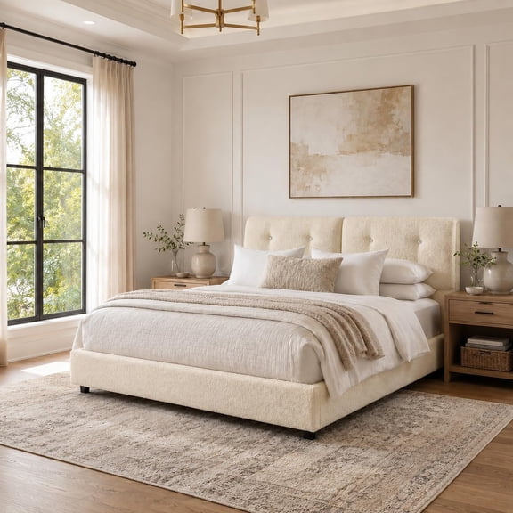 Bed Frame Queen Size, Boucle Upholstered Bed Frame with Headboard, Removable and Washable, No Box Spring Needed, Wood Slat Support, Easy Assembly, Beige