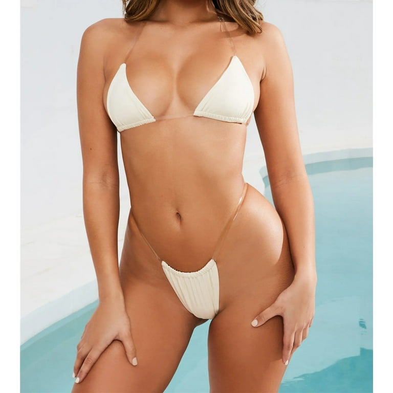 Douhoow Summer Women Bikini Set Transparent Shoulder Strap Swimsuits Solid  Color Swimwear 