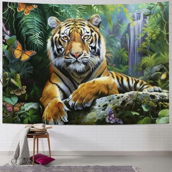 BCIIG Tiger Tapestry, Jungle Tapestry Wall Hanging, Forest Animal in Tropical Rainforest Landscape Wall Tapestry Art for Room Dorm Decor Living Room Bedroom Bedspread TV Backdrop College