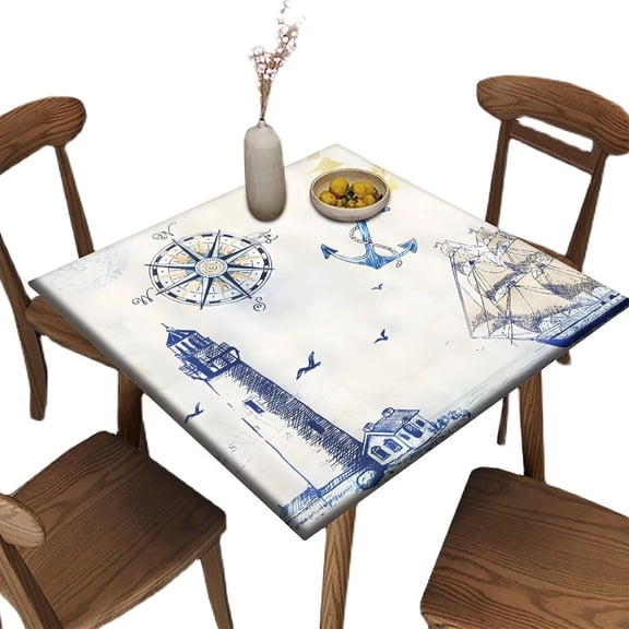 Nautical Square Tablecloth, Waterproof Fitted Table Cloth for Outdoor Picnic Indoor, Coastal Compass Anchor Vintage Decorative Wipeable Elastic Fabric Table Cover, Fits Tables up to 32" Square