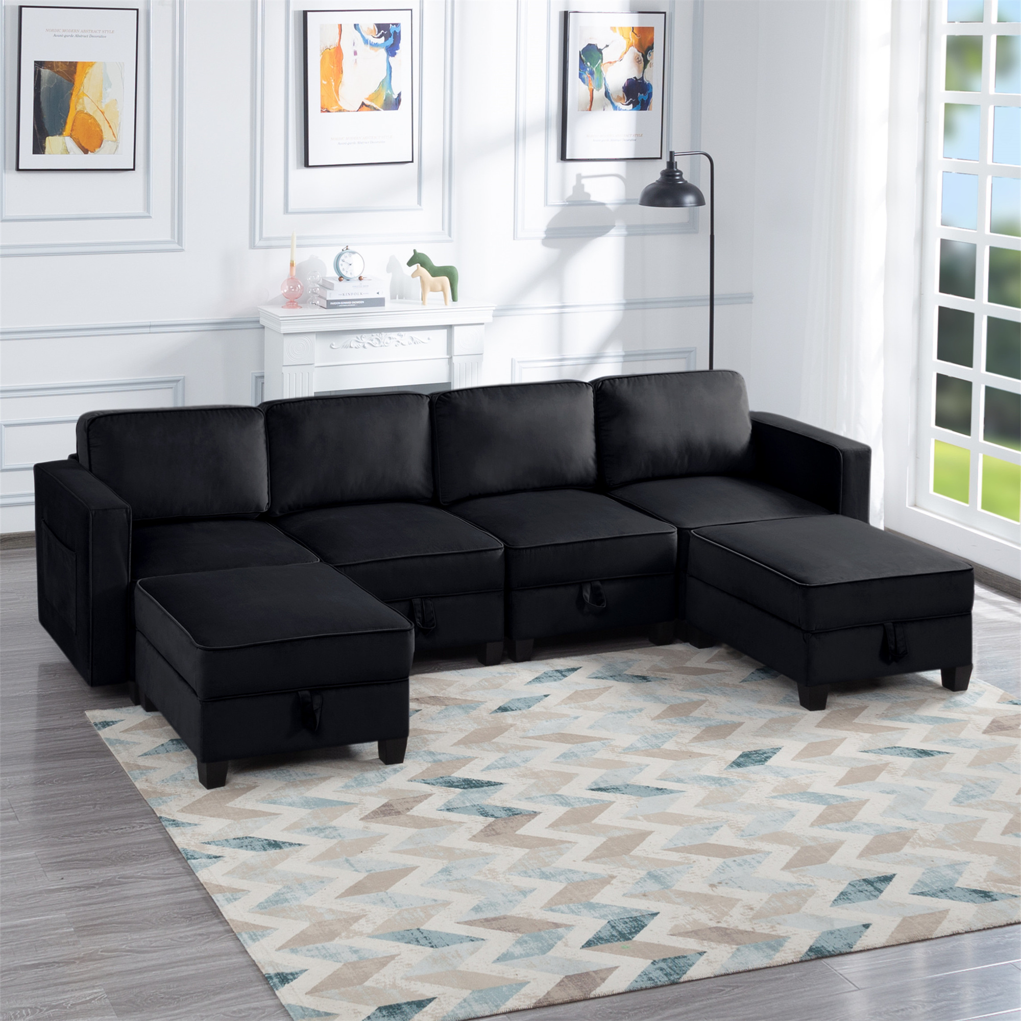 Aukfa 116" Velvet Storage Sectional Couch for Living Room, Modular Sleeper Sofa U-Shaped Sofa, Black