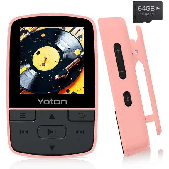 YOTON MP3 Player with Bluetooth 5.2, 64GB Storage Included, Mini Size, HiFi Music, with Sports Clip, Independent Volume Control, FM Radio, Includes Headphones, Pink