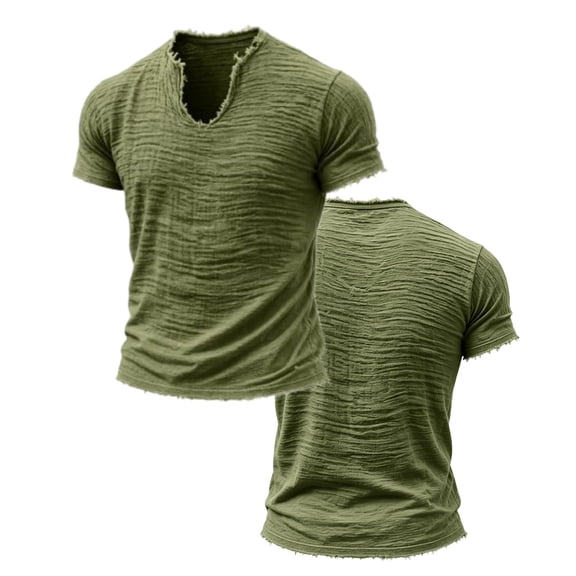 Zimjoy Men's Linen Shirts Loose Fit V-Neck Short Sleeve Tee Shirts Textured Solid Color Casual Streetwear Basic Tee Army Green L