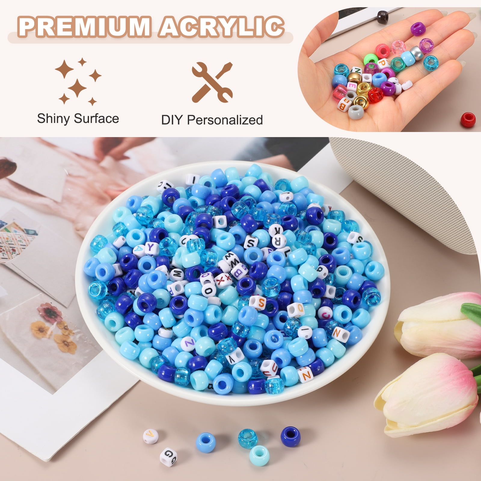 Uxcell 1000 Pcs Pony Beads 6 x 9 mm Acrylic Friendship Bracelet Making Kit with Letter Bead, Blue