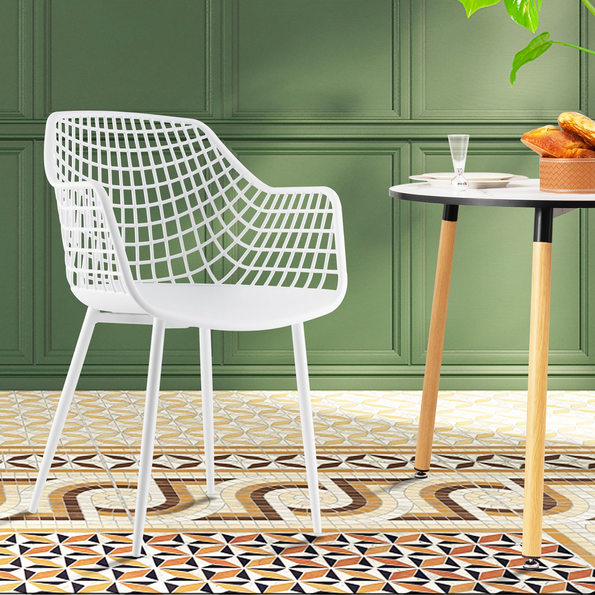 Costway Modern Dining Chair Set of 4 Plastic Shell Hollow withMetal Legs for Living Room White