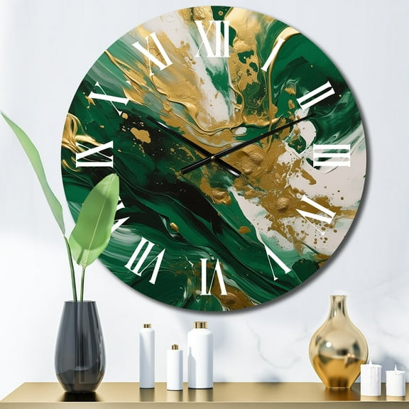 Designart "Serene Cascade in Green and Gold II" Abstract Oversized Wall Clock