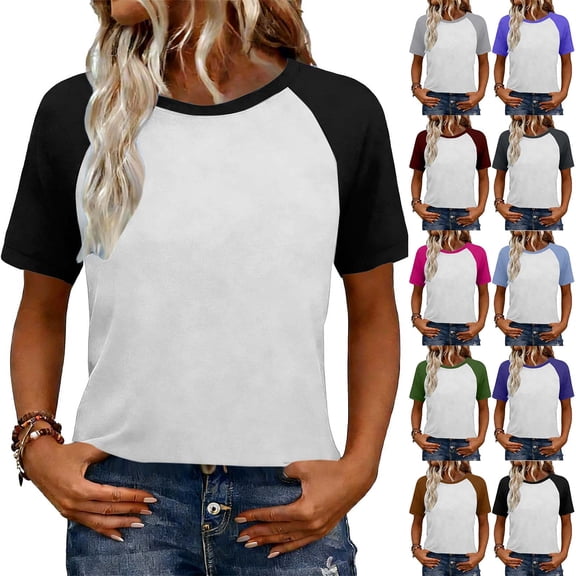 Bixock Women's Basical Short Sleeve Blouse,TShirts for Women Casual,Summer Fashion Raglan Sleeve 2 Tone Solid Color Soft Stretchable Short Sleeve T-shirts