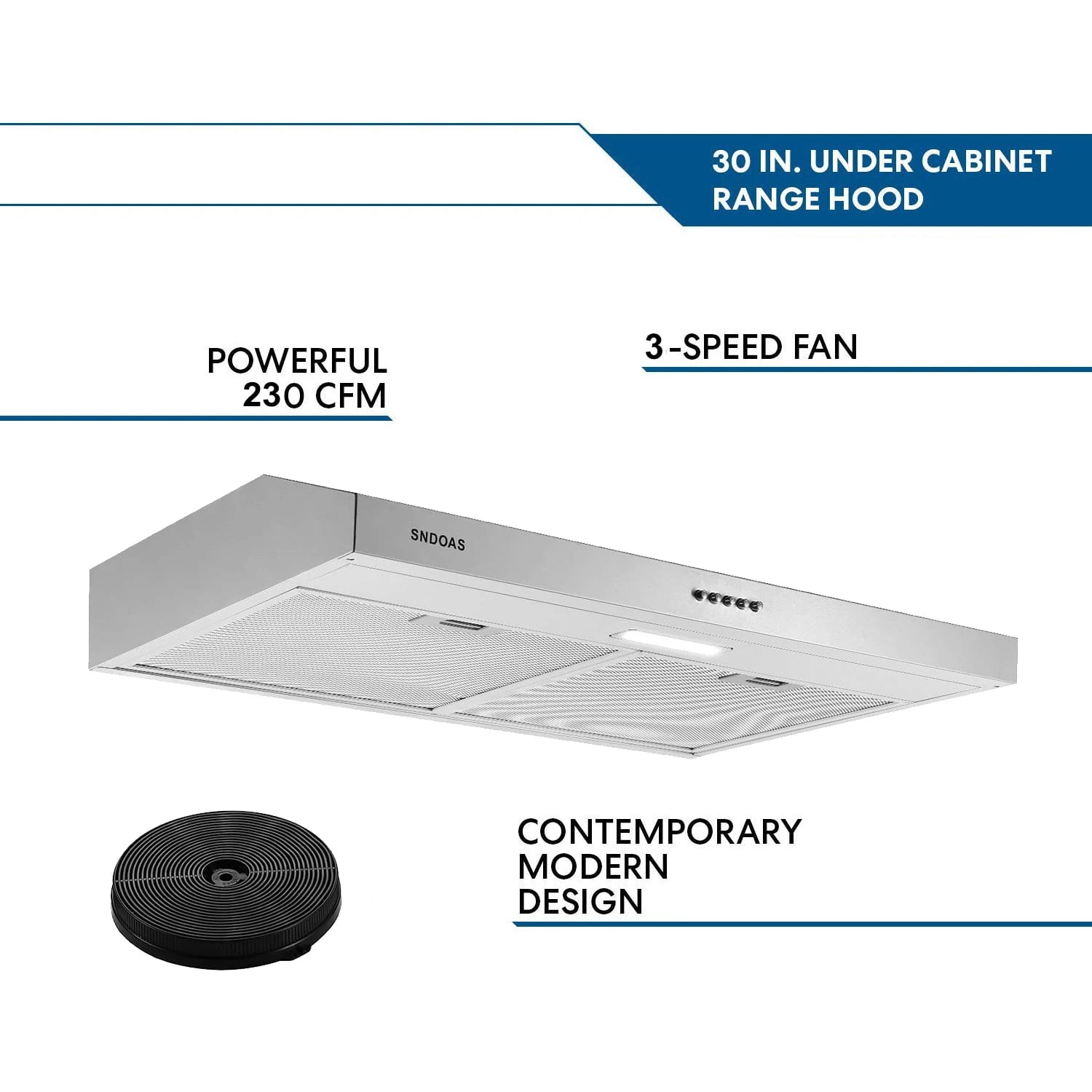 30in Under Cabinet Range Hood 230CFM Stainless Steel Kitchen Stove Vent Ducted/Ductless Convertible, LED Light and Carbon Filter