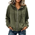 thumbnail image 3 of Tqcoqu Corduroy Zip Up Hoodie Jacket for Women,Drawstring Hood Long Sleeve Loose Casual Outerwear Tops with Patch Pocket For Fall Winter,Army Green Women's S-XXXL, 3 of 10