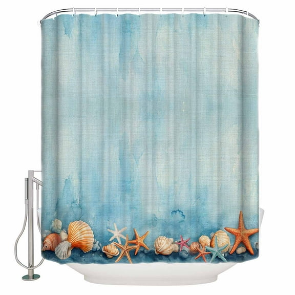 54x78 Inch Shower Curtain Decorative Coastal Starfish Bathtub Bath Curtains Fabric Waterproof Bathroom Decor Retro Blue Ocean Shell Watercolor Small Stall Shower Curtain Set with 12 Hooks