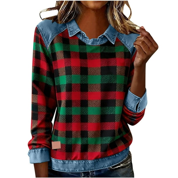 RKSTN Women's Plaid Print Sweatshirts Oversized Lapel Denim Patchwork Stitching Pullover Top Womens Casual Plus Size Turndown Collared Loose Long Sleeve T Shirts Trendy Retro Streetwear Sweatshirt