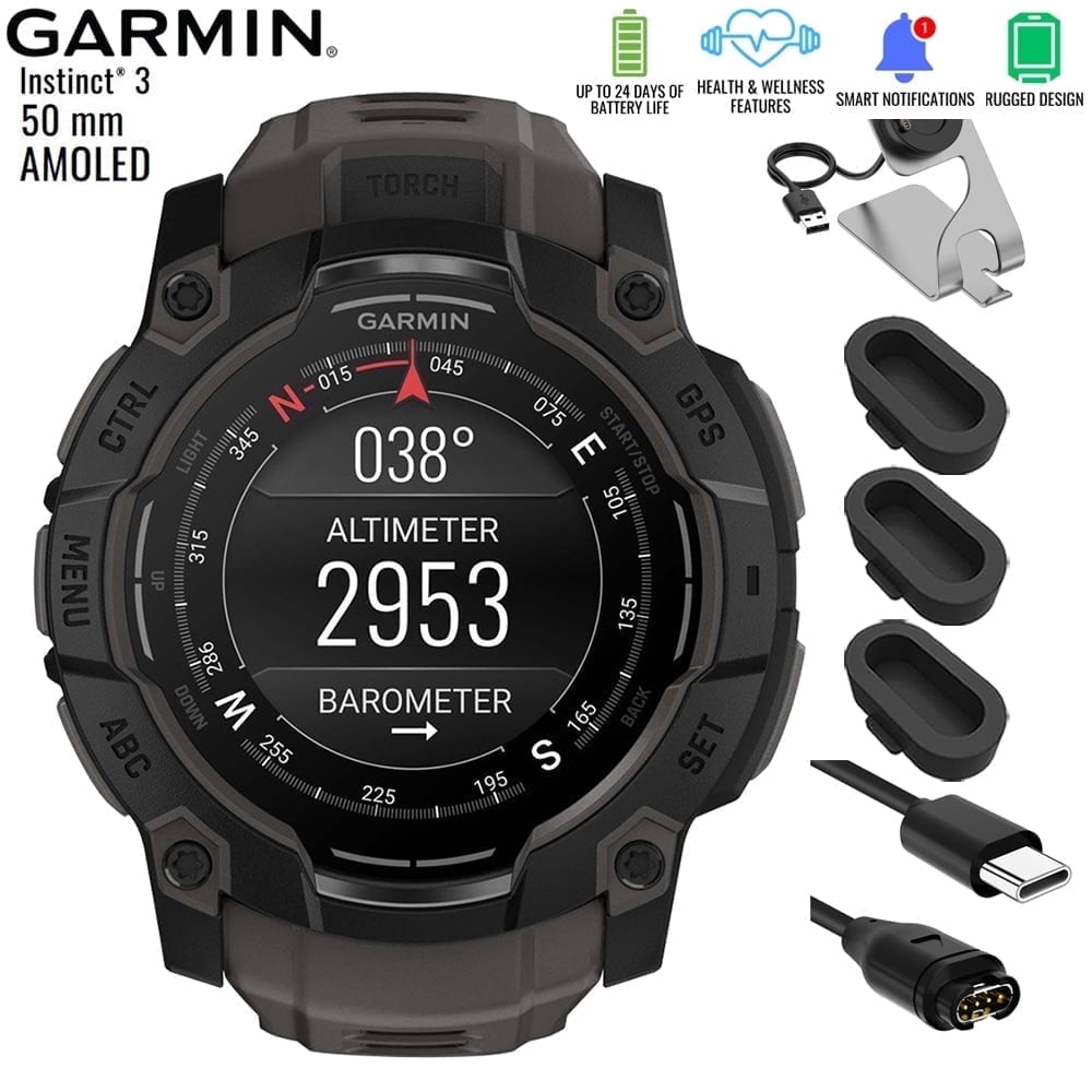 Garmin 010-03020-00 Instinct 3 - 50 mm Outdoor GPS Smartwatch AMOLED Black with Black Band Bundle with Deco Essentials Charging Dock, Silicone Dust Cover 3 Pack and USB Type C Charging and Sync Cable