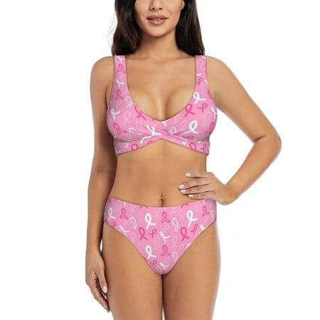 Kdxio Breast Cancer Awareness (3) Print Women s 2 Piece High Waisted Wrap Spaghetti Strap Summer Swimsuit Bikini Set-Large