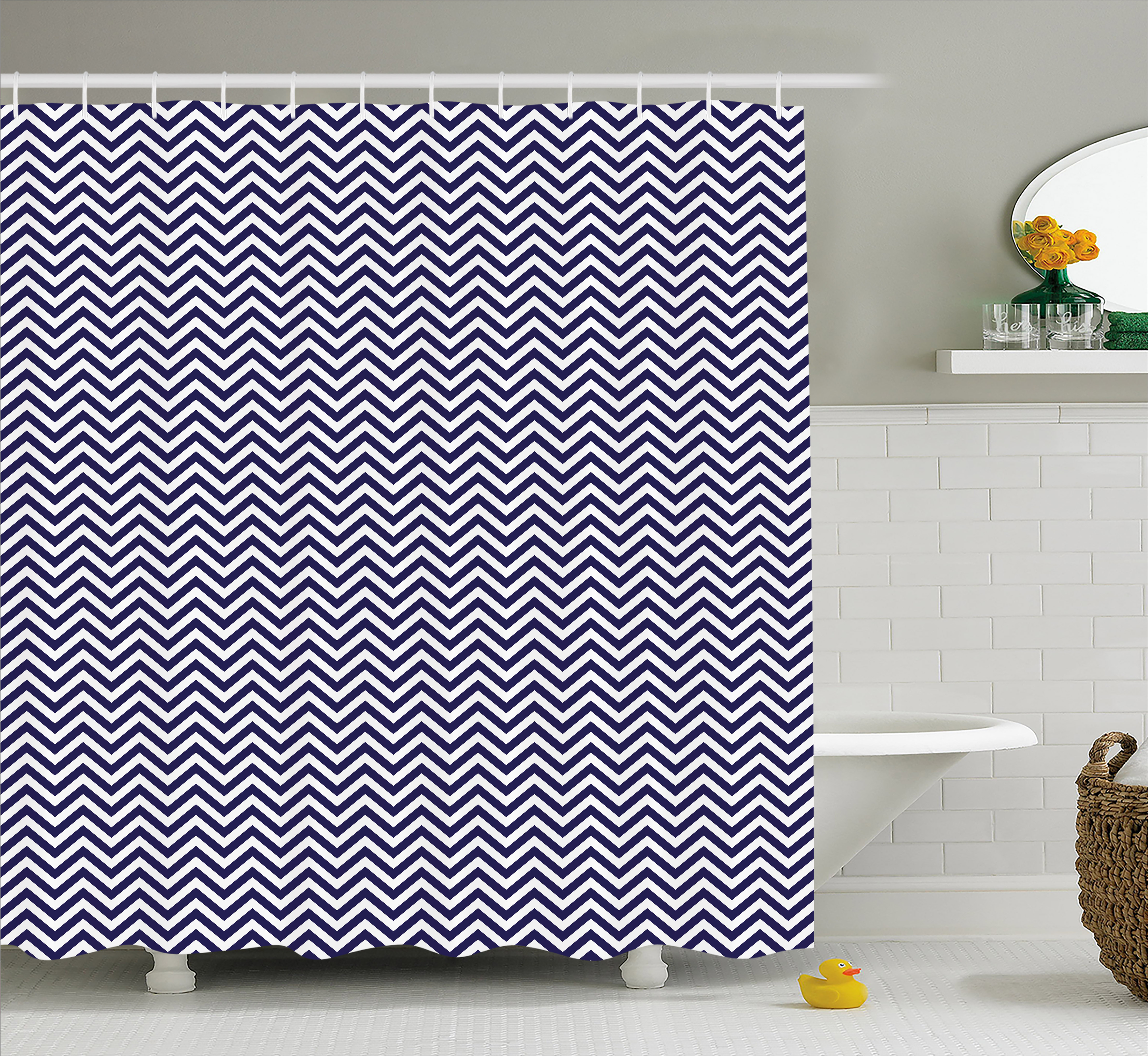 Navy Blue Shower Curtain, Vertical Chevron Zig Zag Stripes Pattern in