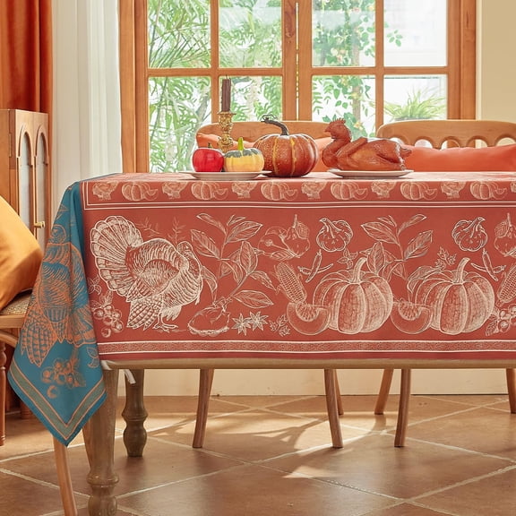 Autumn Tablecloth Rectangle, Fall Harvest Pumpkin Table Cloths, Printed Thanksgiving Elements Stain Resistant Washable Table Cover for Dining, Party, Holiday Decor - Rust, 60 x 102 Inch