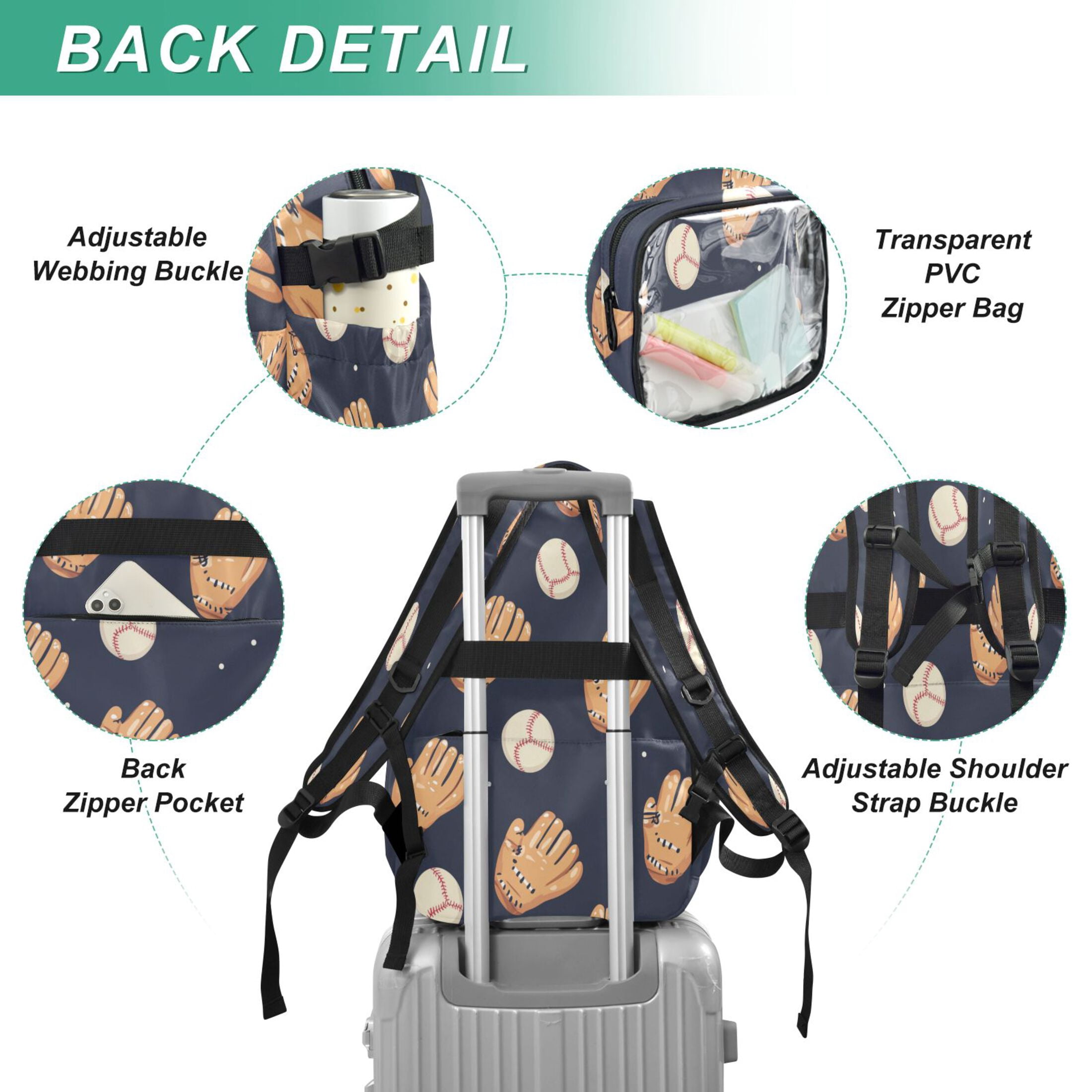 PVC Casual Backpack 25L Daypack with Laptop Compartment Lightweight Travel Backpack for Work Outdoor Activities Baseball Gloves and Balls Pattern