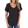 thumbnail image 4 of Oalirro Women's Tops, Tees & Blouses Birthday Present Women's Fashion Summer V Neck Leisure Short Sleeve Solid Tops Black, 4 of 7