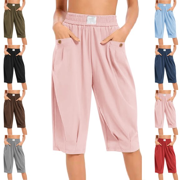 MLCDZ Womens Long Shorts Below The Knee Elastic High Waisted Pleated Casual Summer Loose Fit Shorts with Pockets Beach Vacation Travel Short Pants