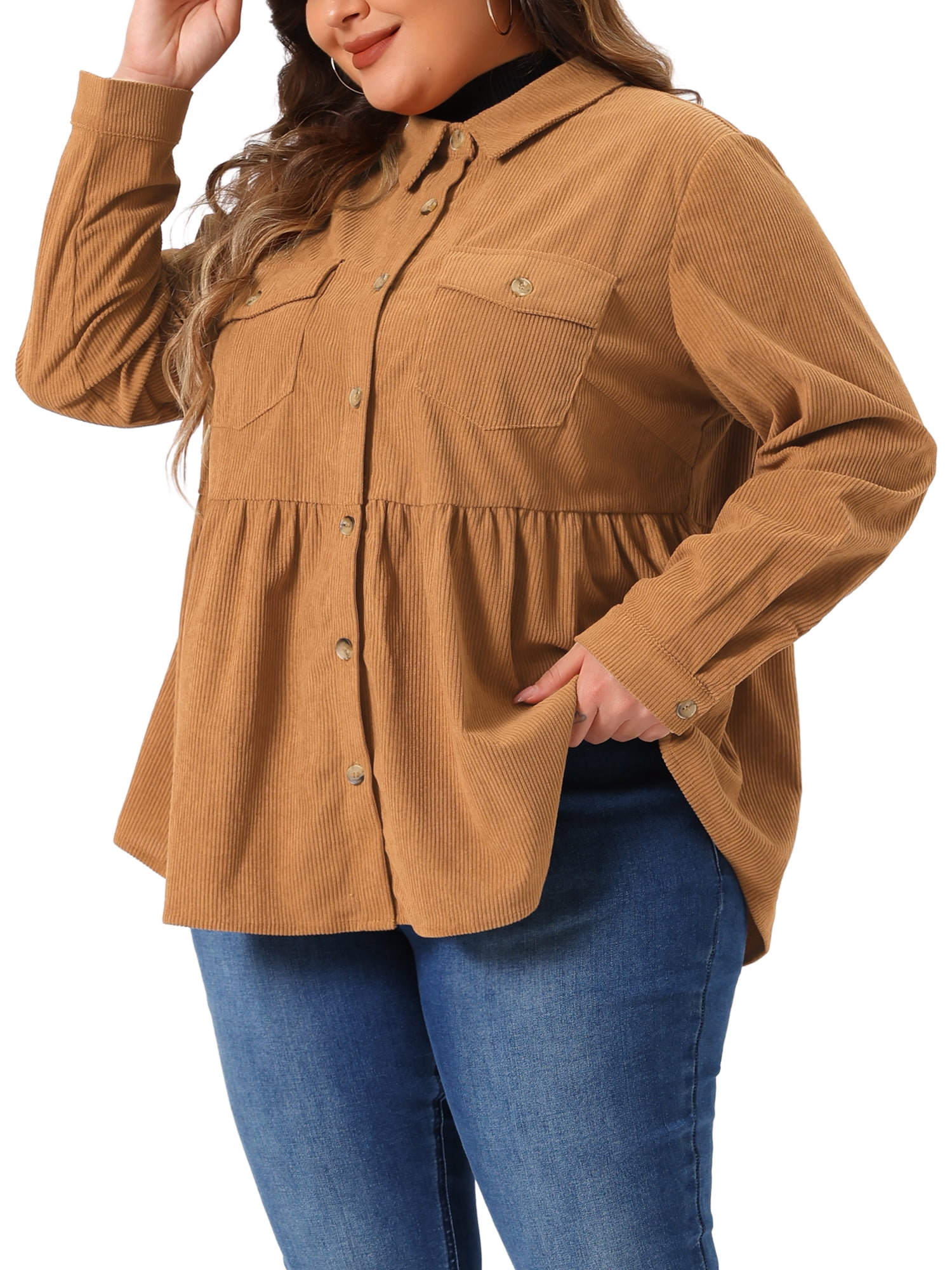 DARING DIVA Women's Plus Size Long Sleeve Button Down Blouses 1X Brown
