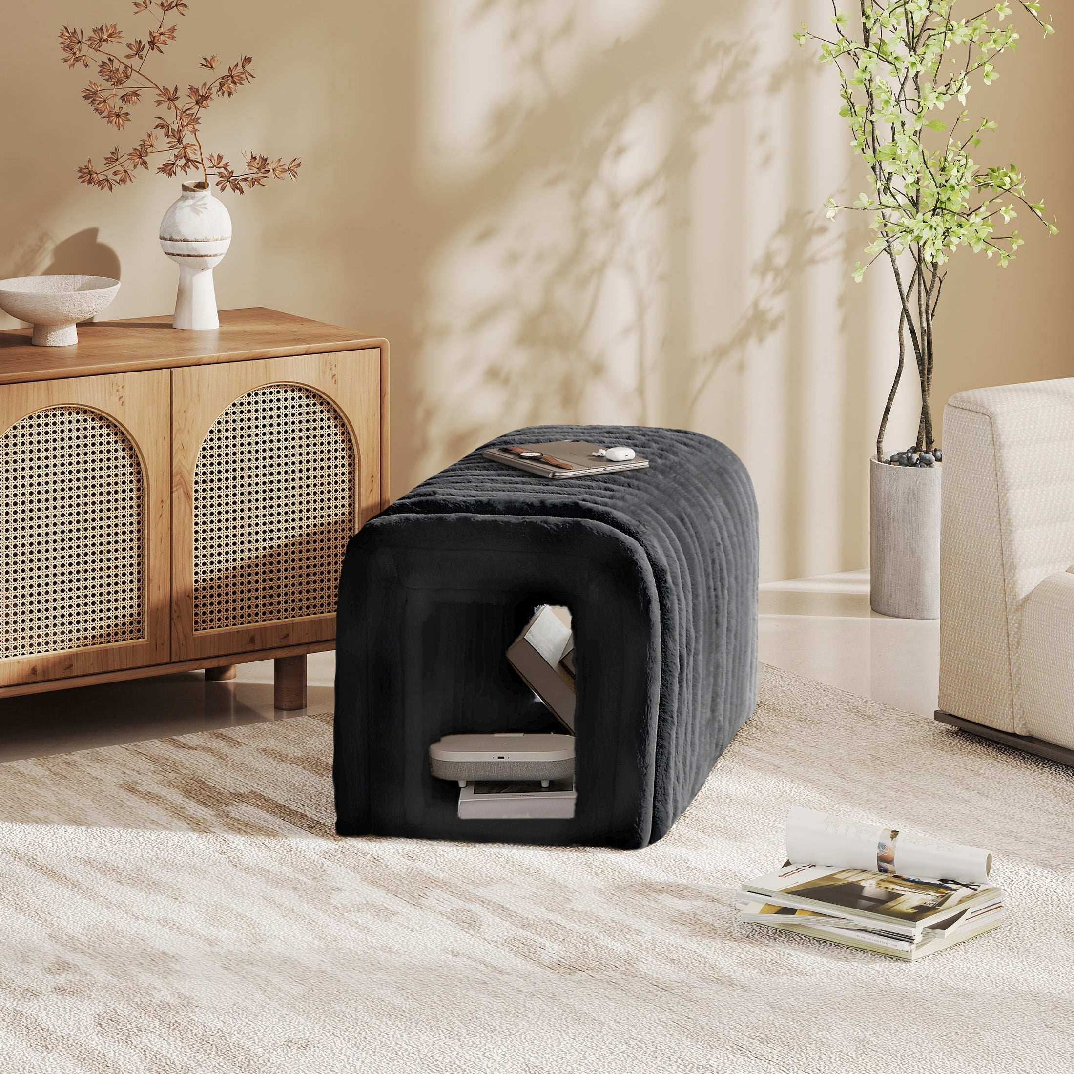 DEALTOPS Corduroy Storage Ottoman Bench, Cat Hideaway Foot Rest for Living Room, Bedroom, Entryway, Black