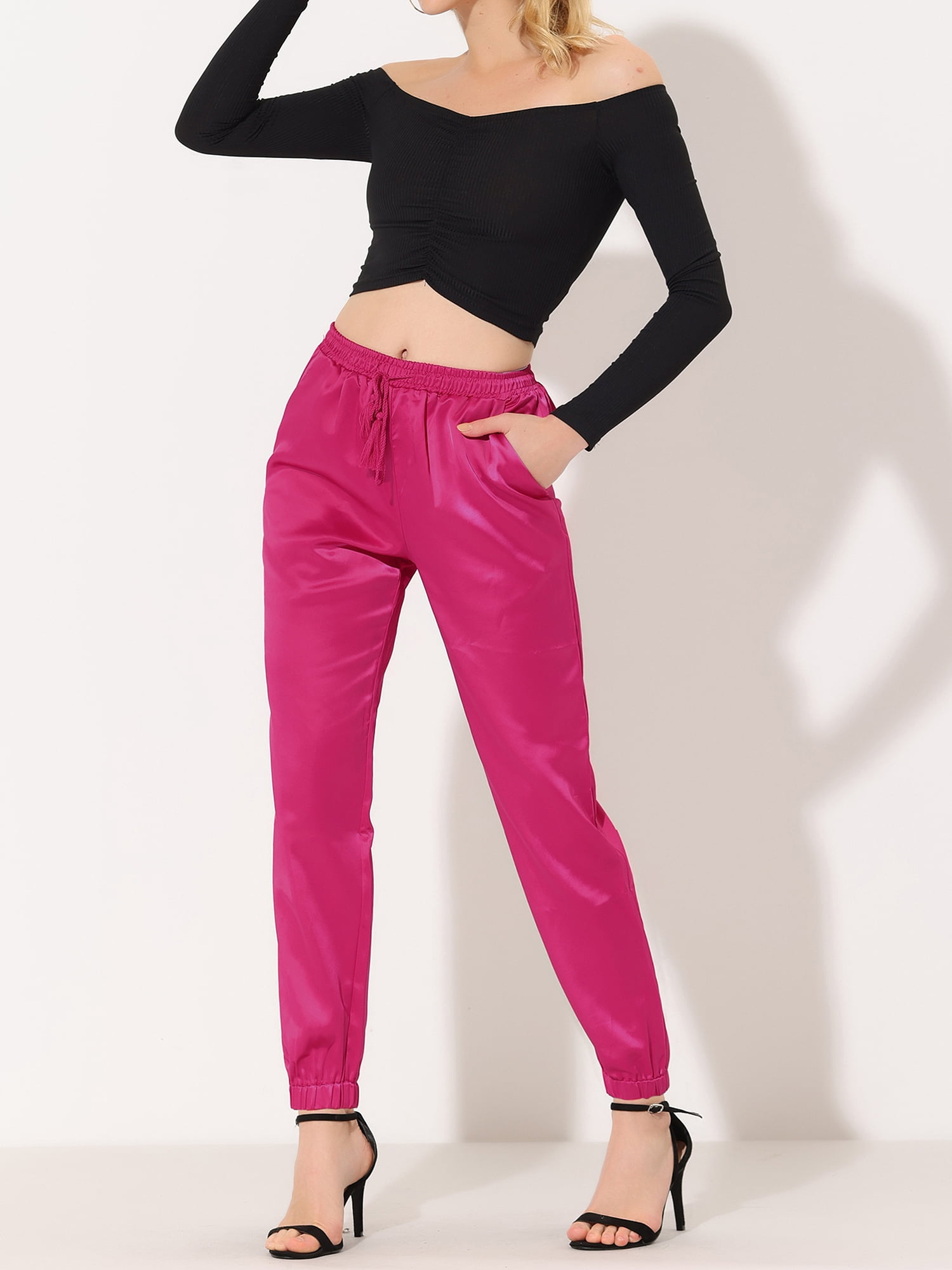 DARING DIVA Women's Satin Straight Leg Ankle Length Joggers X-Small Hot Pink