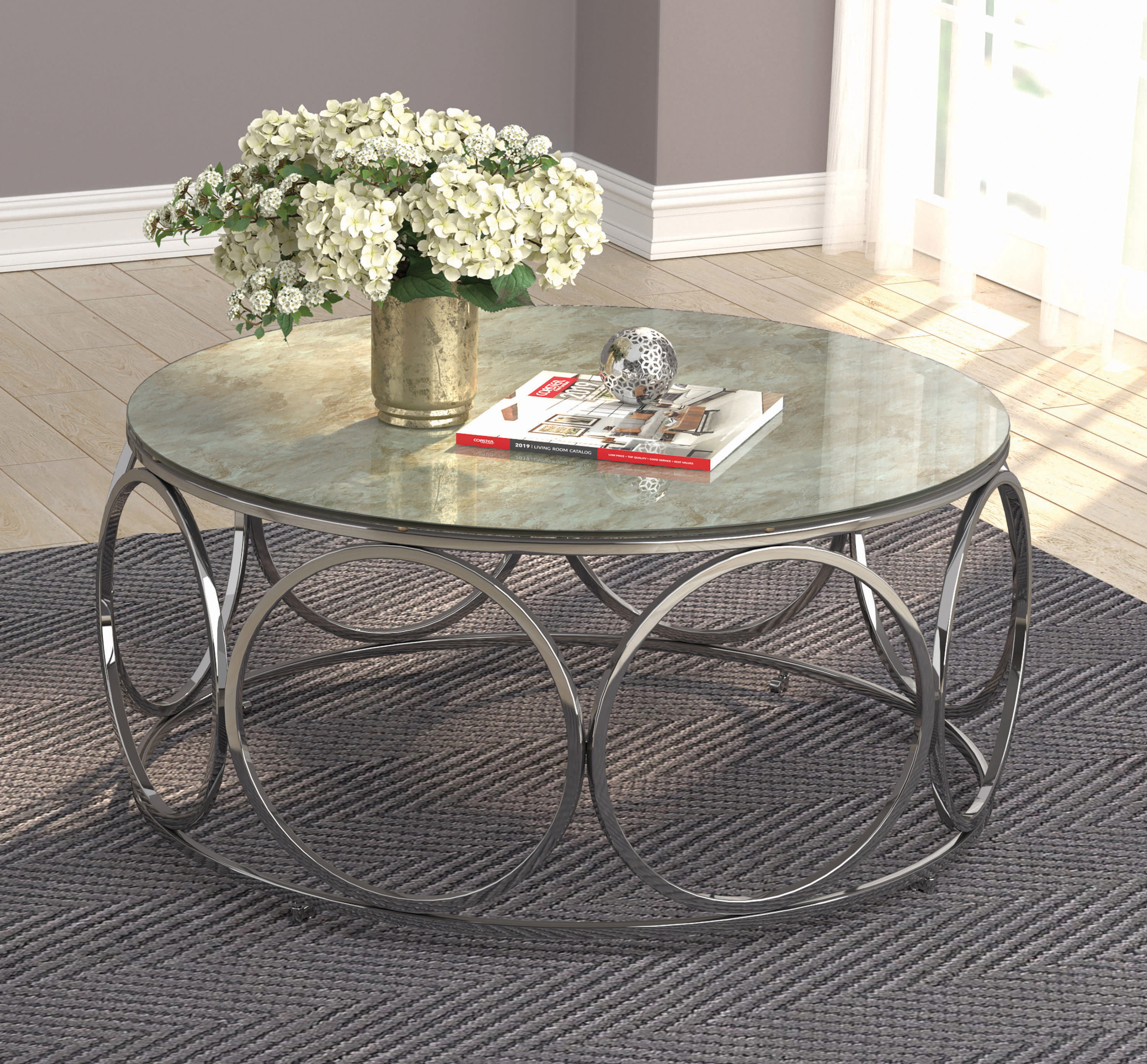 Round Coffee Table with Casters Beige Marble and Chrome - Walmart.com