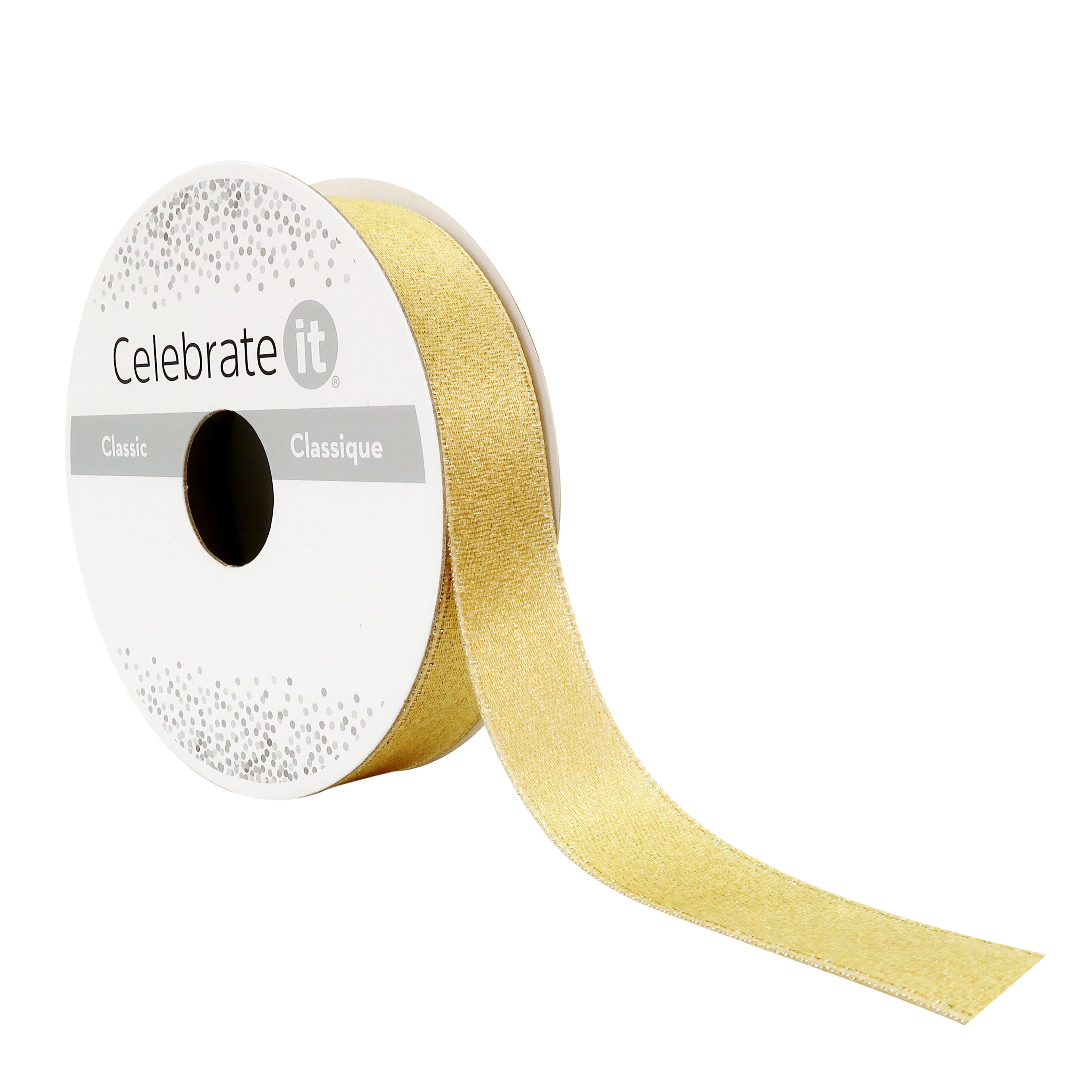 Celebrate It 5/8" x 7yd. Shimmer Satin Ribbon - Gold, Non-Wired with Woven Edge, Nylon & Metallic - Ideal for Gift Wrapping, Crafts & Decor, 12 Pack
