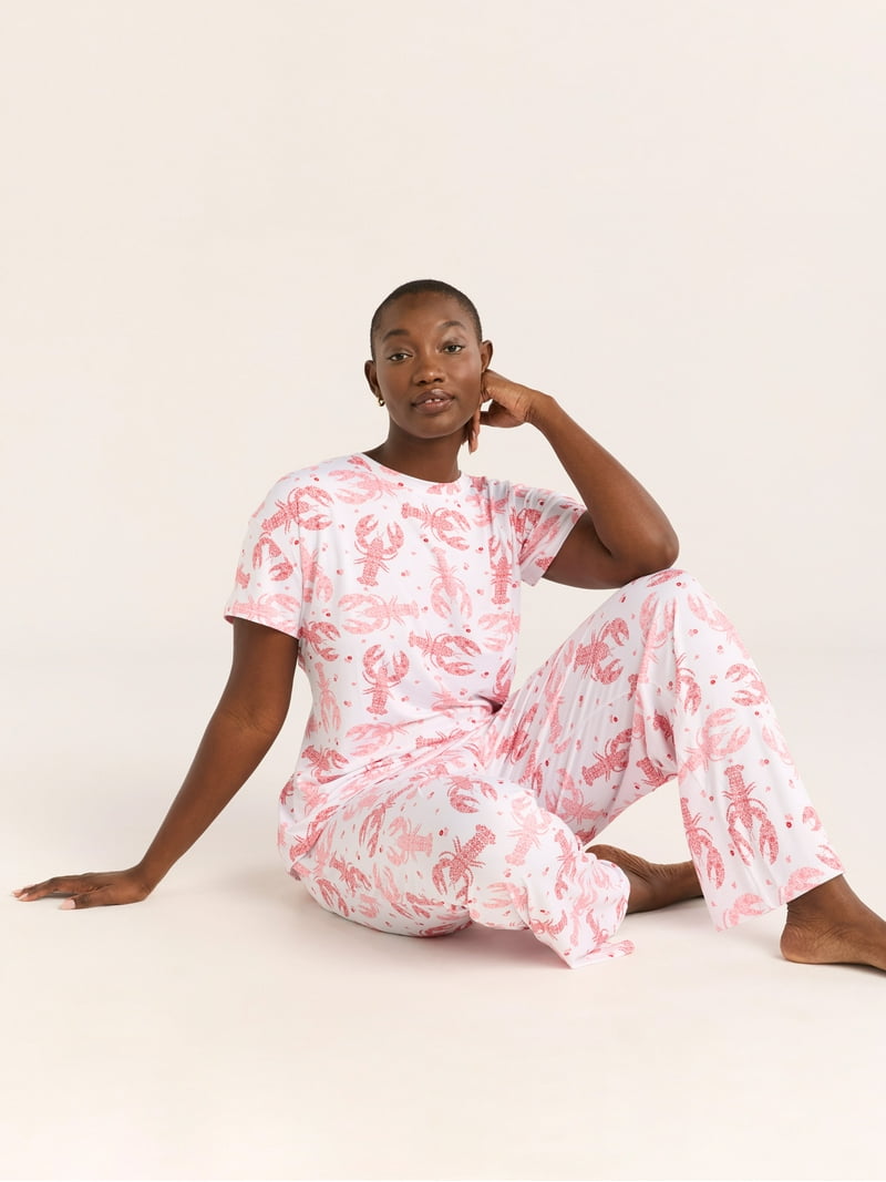 Joyspun Women's Short Sleeve Sleep Top and Open Leg Pajama Set