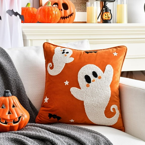 Halloween Fall Tufted Pumpkin Skull Bat Throw Pillow Cover, 18×18 Inch Halloween Decorative Pillow Case for Farmhouse Couch Sofa Cushion Bed Living Room(1PC)