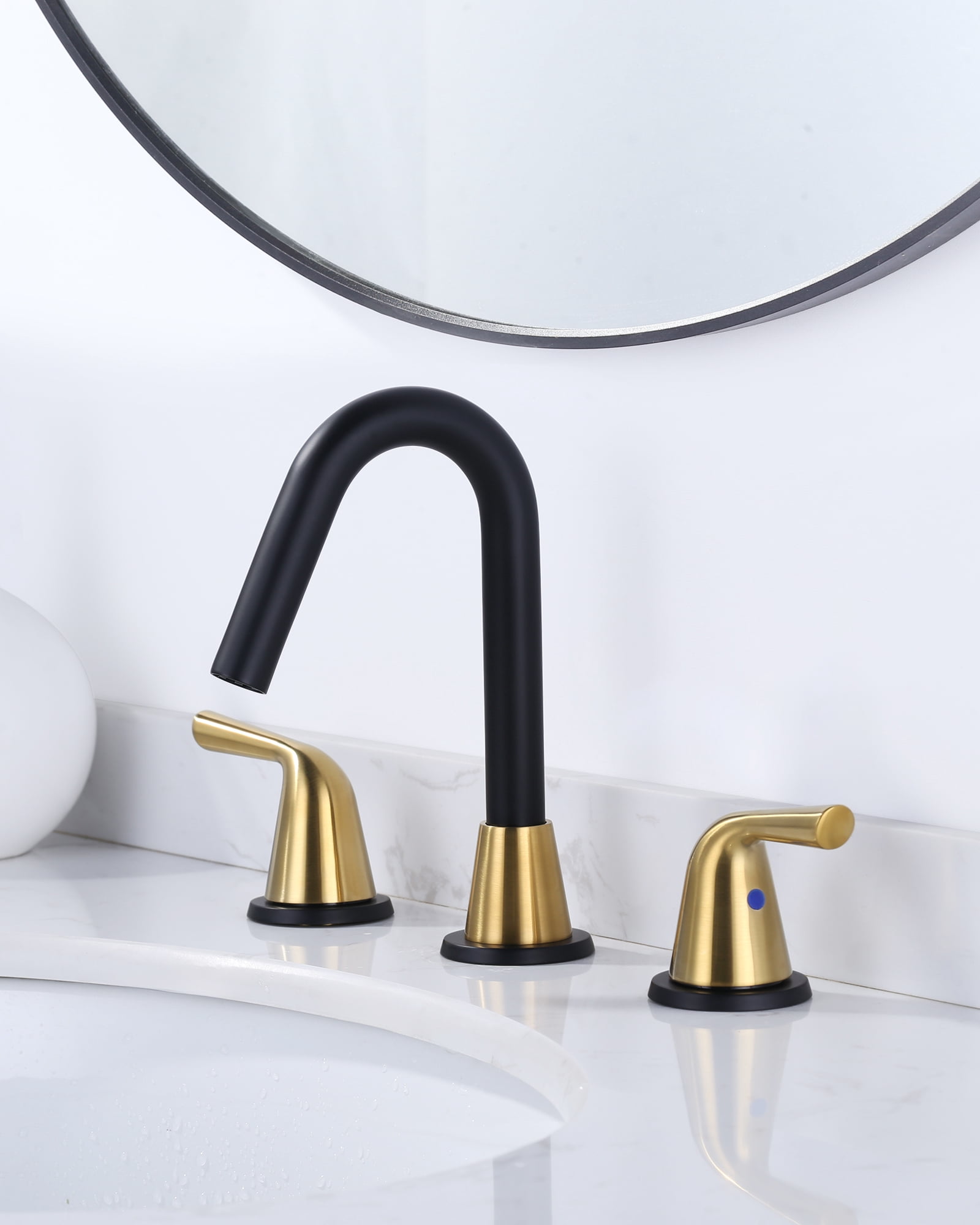WOWOW Widespread Bathroom Faucets for Sink 3 Hole Black & Gold, 8 inch Bathroom Faucet with Pop Up Drain Assembly and Water Supply Lines 2 Handle 360° Swivel Spout Basin Faucets for Vanity Lavatory