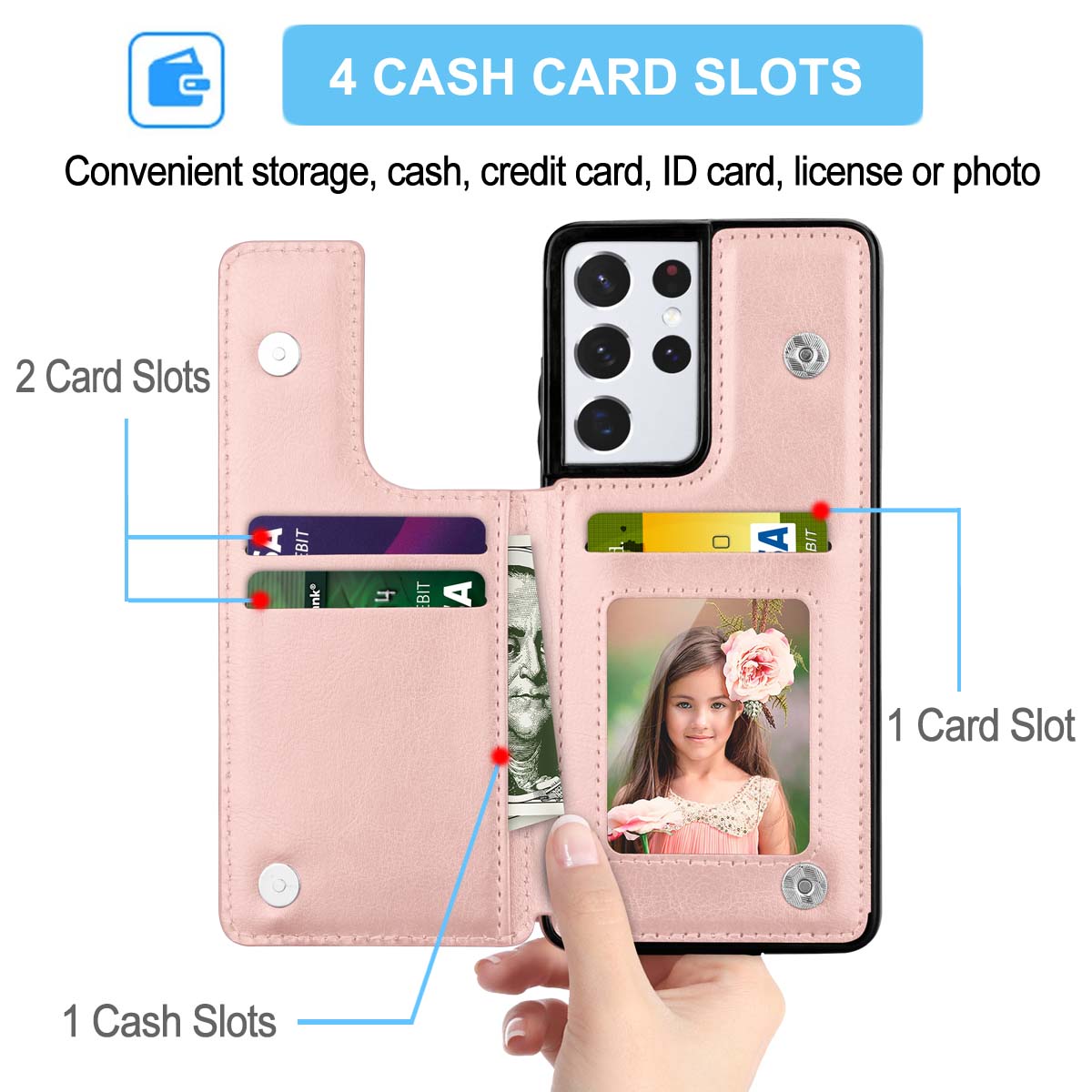 Galaxy S21 Case, Samsung Galaxy S21 Wallet Case, Takfox Shockproof PU Leather Case with Card Pockets 3 Cards Slots Cash ID Credit Card Flip Phone Cases Cover Kickstand Magnetic Hard Cases, Rose Gold - image 2 of 7