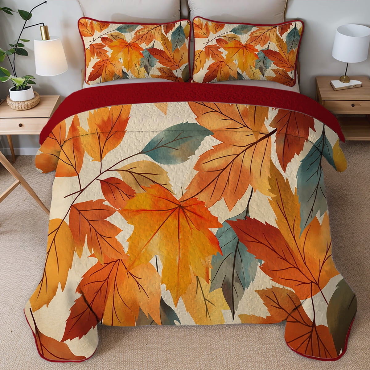 Davulos Maple Leaf Quilt Set King Size 3 Pieces Soft Summer Bedspread Microfiber Lightweight Bedding Coverlet for All Season with 1 Quilt 2 Pillow Shams