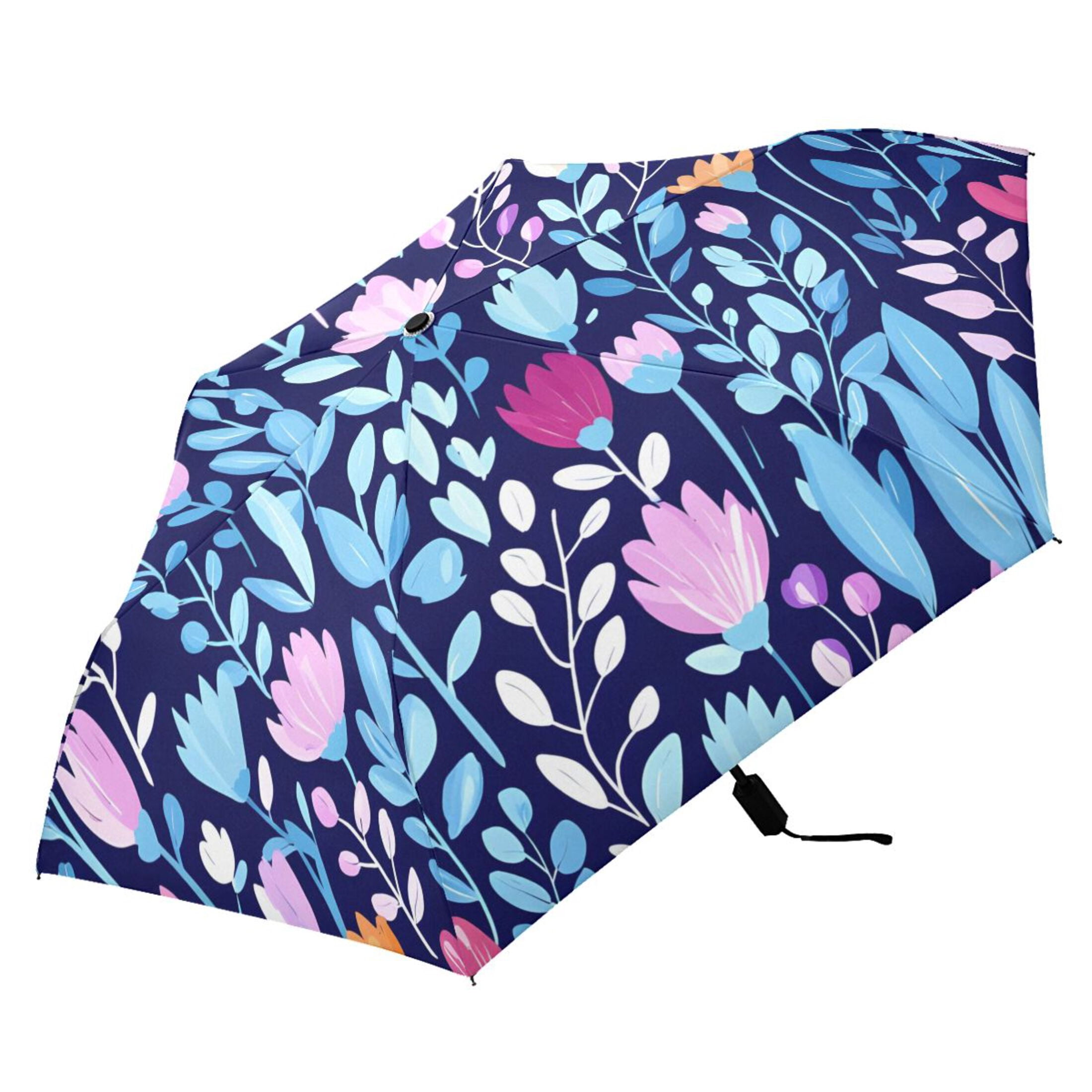 Pink Tulip with Blue Leaves Compact Sun Umbrella Windproof Travel Umbrellas for Rain Strong Portable UV Protection