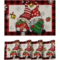mubwai Gnomes Red Buffalo Plaid Christmas Vinyl Winter Placemats Set of 4, 12x18 Inch Washable Plastic Non-Slip Woven Winter Table Mats for Party Kitchen Dining Decor