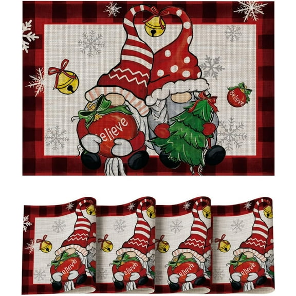 mubwai Gnomes Red Buffalo Plaid Christmas Vinyl Winter Placemats Set of 4, 12x18 Inch Washable Plastic Non-Slip Woven Winter Table Mats for Party Kitchen Dining Decor
