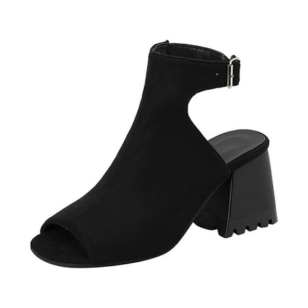

Fsqjgq Beach Sandals Women Sandles Womans Ladies Fashion Solid Color Flock Hollow Open Toe Thick High Heeled Buckle Roman Sandals Size 37 Black