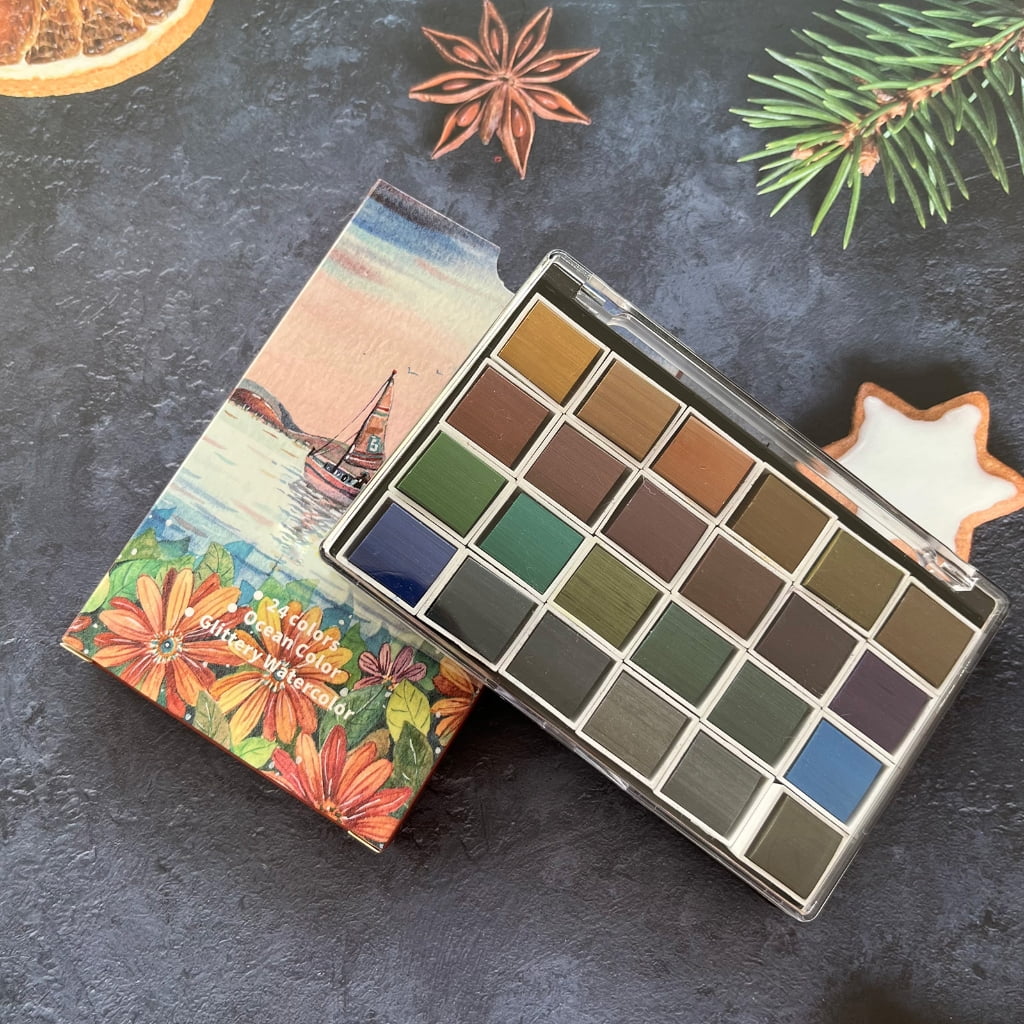 Partygee 24 Color Metallic Watercolor Paints Professional Artist Art Set for Beginner Painting on Paper Woods Fabric DIY Nail Art