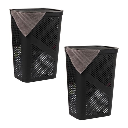 60L Slim Laundry Hamper Clothes Basket Lid Ventilated Plastic 17.25L X 13.75W X 23.5H Set Of 2 Black