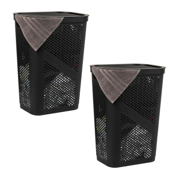 Black 23.5 in. H x 13.75 in. W x 17.25 in. L Plastic 60L Modern Rectangle Laundry Room Hamper with Lid (Set of 2)