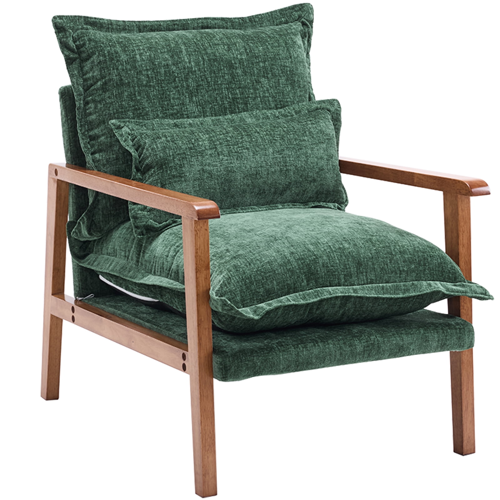 Cloud Shaped Dark Green Chenille Accent Chair, Solid Wood Frame with Walnut Armrest, Ergonomic Single Leisure Sofa Chair with Lumbar Pillow for Bedroom Living Room Office