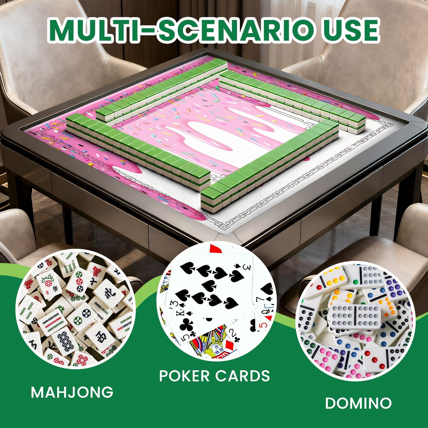Mahjong Mat 31.5" x 31.5" Pink ice cream melted colorful cute candy sprinkles long border Non-Slip Noise Reduction American Mahjong Tiles Table Cover for Dominoes Poker Card Board Games Gift