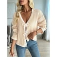 thumbnail image 3 of Women'S Tie Front Cardigan Sweaters Contrast Trim Long Sleeve Knit Sweater Fall Winter Loose Fit V Neck Khaki S, 3 of 8