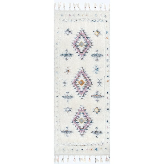 nuLOOM Jocelyn High-Low Textured Tribal Shag Tassel Runner Rug, 2' 6" x 12', White
