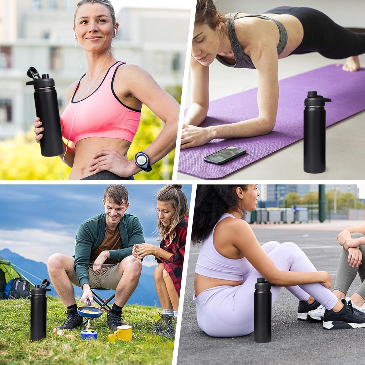 EP 24 oz Insulated Water Bottle with Handle, 304 Stainless Steel Water Bottles with 2 Lids, Double Wall Vacuum Sports Water Cup with Straw, BPA Free, Keep Cold and Hot, Black