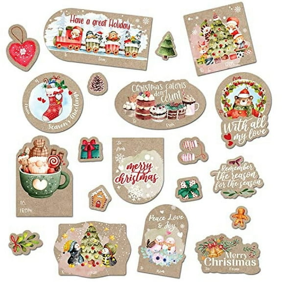 Christmas Tags for Gifts - 50 Pieces Christmas Gift Tags Self-Adhesive Stickers - 10 Different Designs Gift Tags Sticker Christmas - to and from Christmas Labels for Gifts Self Adhesive - Kraft Color